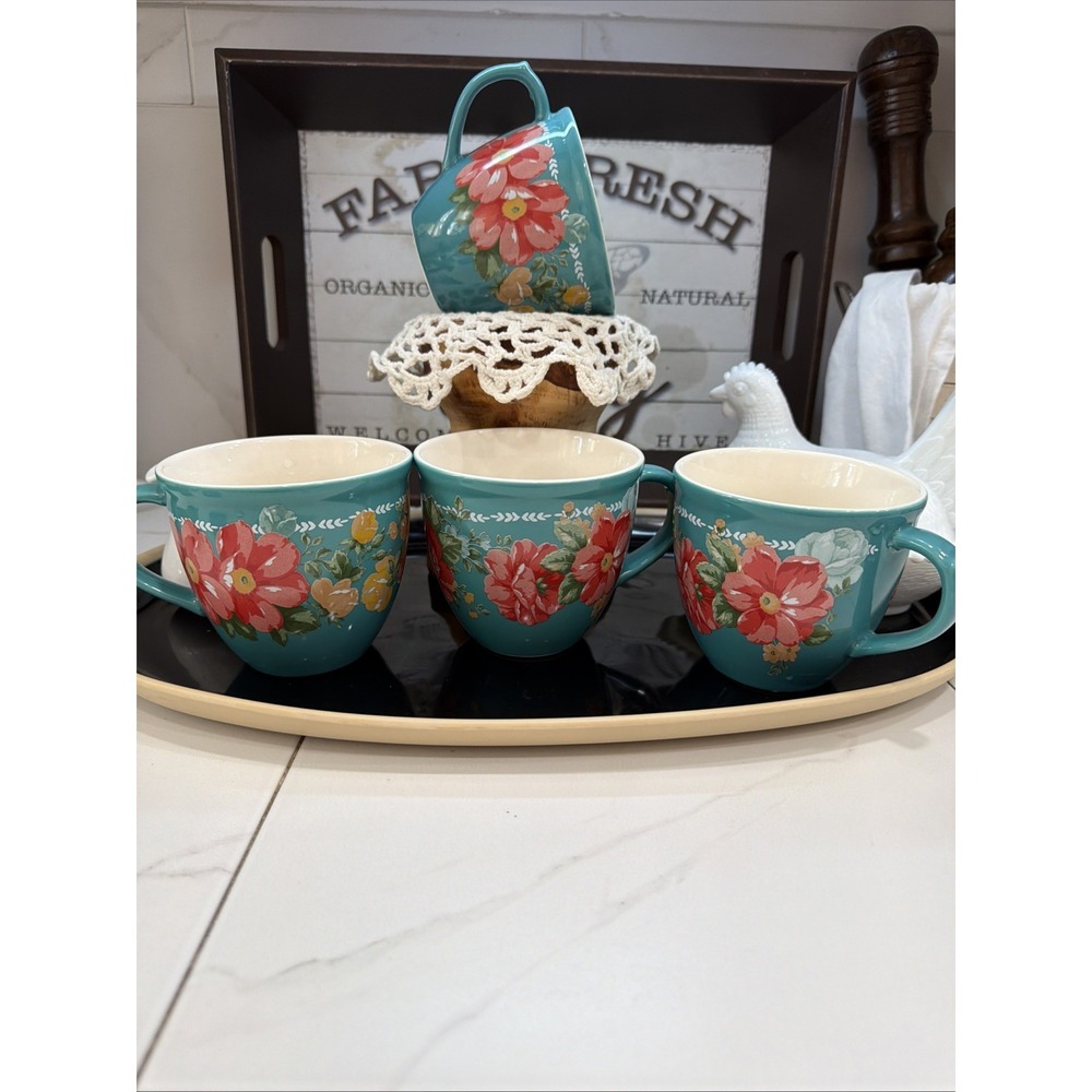 Set‎ 4 Pioneer Woman Vintage Floral Teal Coffee Cup 20 Oz Mug Turquoise Red Rose